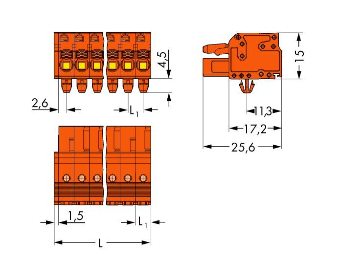 Dessin technique d'un interrupteur électrique avec différentes vues latérales. Les dimensions sont indiquées en millimètres, par exemple 2,6 et 17,2.