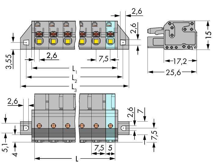Dessin technique de composants électriques avec dimensions et vues. Sont présentées les vues de face, latérale et supérieure.
