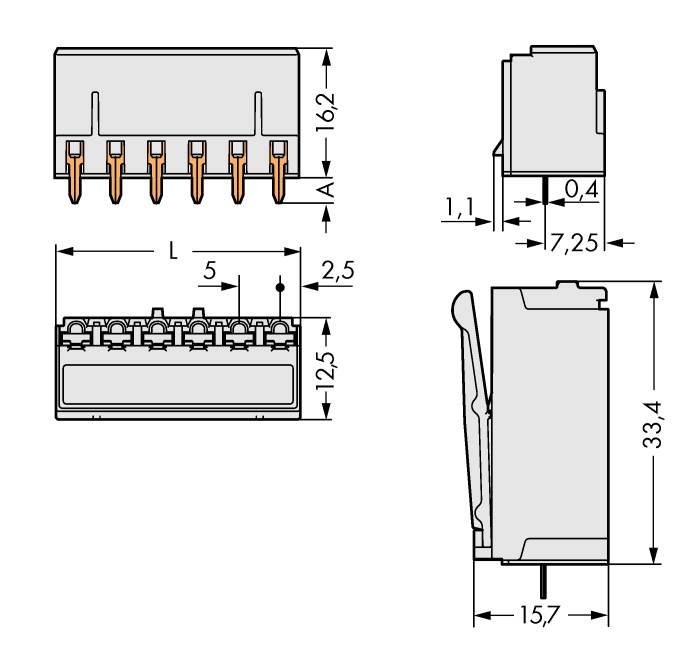 Dessin technique d'un connecteur avec indications dimensionnelles ; les vues latérale et frontale présentent des détails tels que les écarts entre broches et la hauteur totale.