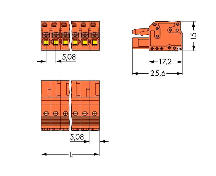 Dessin technique d'un connecteur orange avec les dimensions 5,08 mm, 17,2 mm, 25,6 mm et 15 mm.