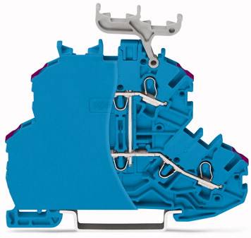 Coupe transversale d'un bloc de bornes électrique bleu en série, avec des connexions métalliques internes et des mécanismes de serrage visibles.