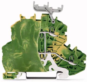 Coupe transversale d'un composant en plastique vert avec des éléments métalliques, montrant les connexions et la structure interne.
