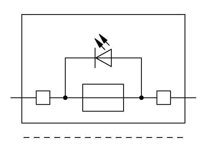 Symbole schématique d'un composant électrique avec deux blocs rectangulaires, un symbole de diode et des lignes de connexion représentant le flux de courant.