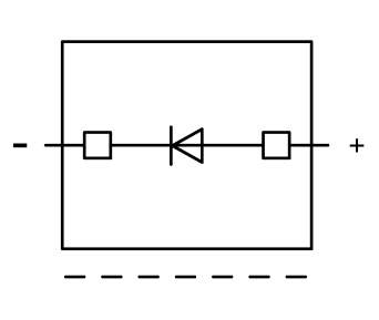 Schéma de circuit d'un redresseur électronique avec une diode conduisant l'électricité dans une direction, symbolisée par la flèche.