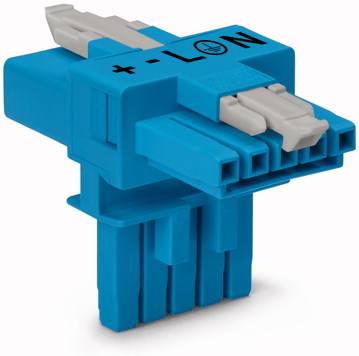 Connecteur en plastique bleu à trois bornes avec insert gris. Face supérieure marquée '+ - LON'. Module de connexion pour appareils électroniques.