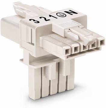 Un connecteur électrique blanc avec l'inscription '3210 N'. Il possède plusieurs emplacements et a un aspect technique.
