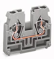 Un bloc de bornes de passage gris avec des conducteurs en cuivre câblés, adapté pour le raccordement de circuits électriques dans les tableaux de distribution.