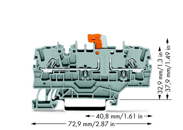 Barrette de connexion grise avec dimensions latérales. Deux connexions de câble en haut à gauche et à droite, avec un levier orange en haut.