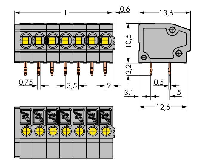 Dessin technique d'un connecteur multiples avec des dimensions détaillées en millimètres. Illustre les espacements, la largeur et les hauteurs.