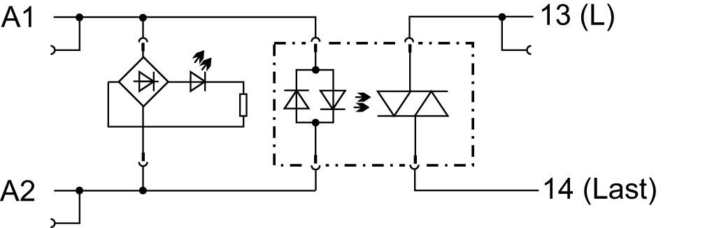 Symbole de commutation d'un relais avec bobine, diodes et interrupteurs entre les bornes A1, A2, 13(L) et 14(Charge).
