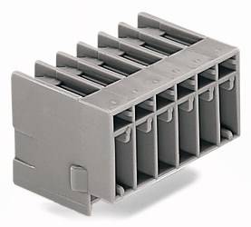 Un module de connecteur gris rectangulaire avec plusieurs emplacements ouverts.