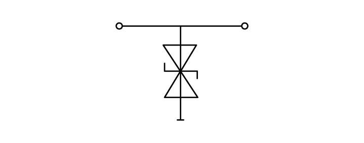 Protection contre les décharges électrostatiques composée de deux diodes orientées l'une vers l'autre avec des bornes communes.