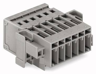 Boîtier de connecteur en plastique gris avec plusieurs emplacements rectangulaires pour connexions électriques.