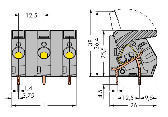Dessin technique d'un connecteur tripolaire avec dimensions détaillées et vue en coupe. Les éléments sont étiquetés.