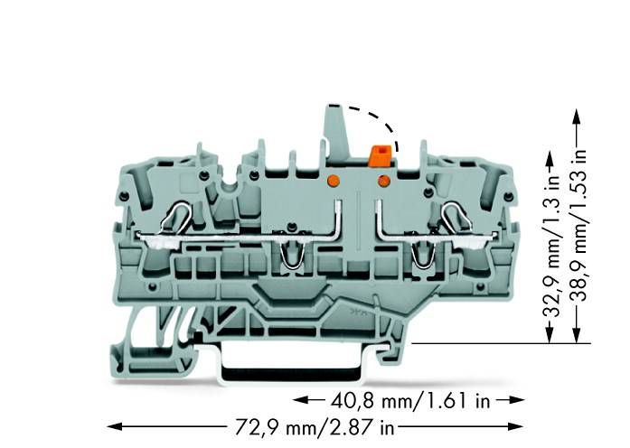 Pince gris-verte avec les dimensions suivantes : largeur 72,9 mm, hauteur 40,8 mm, profondeur 38,9 mm. Présente des connexions et une pince orange.