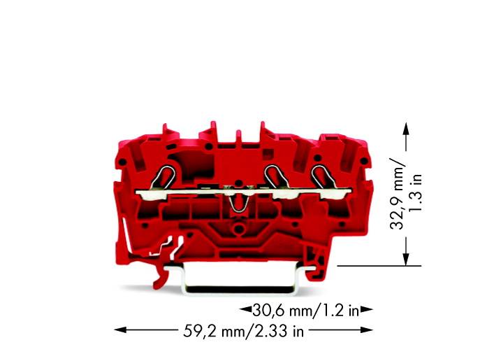 Un connecteur électrique rouge avec des bornes métalliques, entouré d'indications dimensionnelles : largeur 59,2 mm, hauteur 32,9 mm et profondeur 30,6 mm.