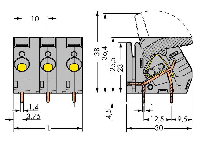 Technical drawing of a plug with three connections. Dimensions and cross-section view show details of the wiring and contact points.