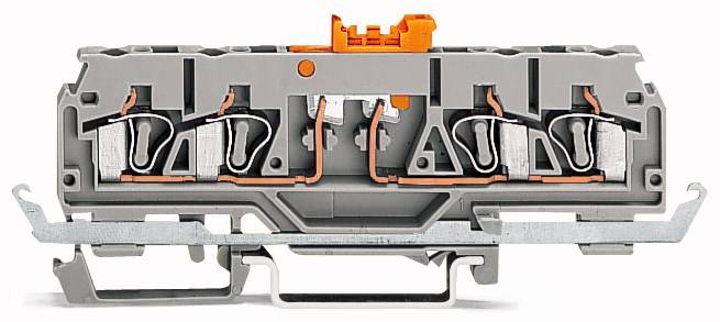 Module électrique gris-orange avec plusieurs bornes de connexion et contacts en cuivre, destiné au câblage dans les systèmes électriques.