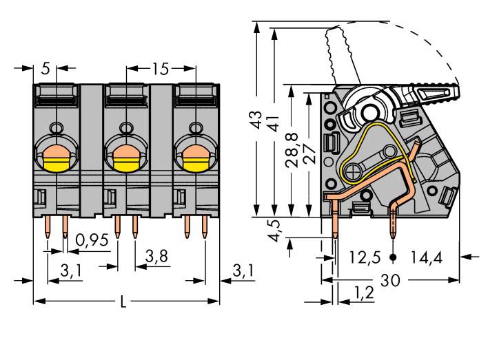 Technical drawing of an electrical connector with dimensions in millimetres. Shows front and right-hand views.