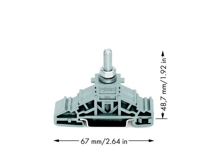 Pièce en plastique grise avec boulon métallique et dimensions 67 mm x 48,7 mm.