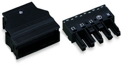 Deux connexions électriques noires. À gauche : connexion rectangulaire. À droite : connexion à quatre broches avec L, N et symboles.