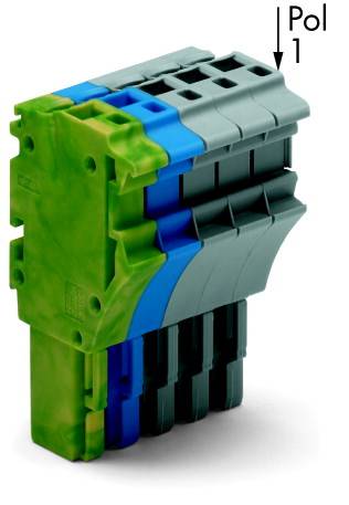 Un connecteur électrique multipolaire avec un revêtement bleu-vert et gris, étiqueté 'Pôle 1'.