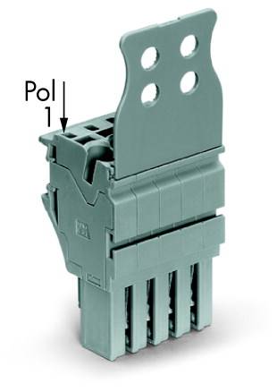 Connecteur à quatre broches, marqué latéralement 'Pol 1'. Adapté pour les connexions électriques industrielles.