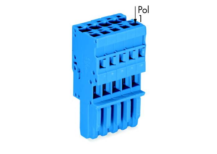 Connecteur en plastique bleu rectangulaire avec plusieurs emplacements. Étiqueté 'Pol 1' sur le côté supérieur droit.