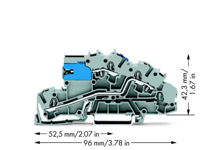Coupe transversale d'un connecteur électrique avec les dimensions 52,5 mm x 96 mm x 42,3 mm. Composant principal marqué en bleu.