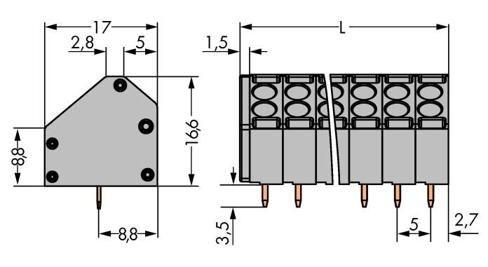 Le diagramme présente des dessins techniques d'un connecteur électrique, avec des dimensions et des connexions en millimètres.