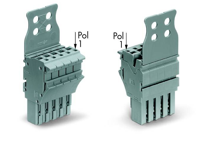 Deux connecteurs gris avec des rainures verticales et des motifs de trous, marqués 'Pol 1'. Ils sont positionnés face à face et montrent leurs connexions.