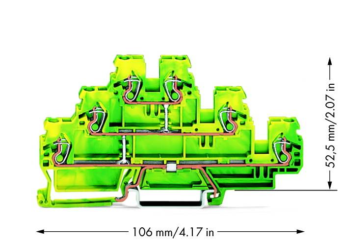 Barrette de connexion électrique verte avec dimensions de longueur (106 mm/4,17 po) et de hauteur (52,5 mm/2,07 po) à droite de l'image.