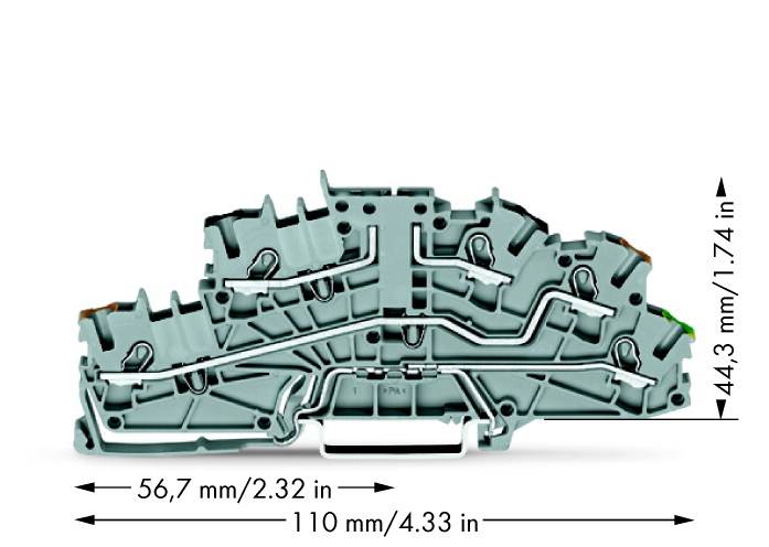 Composant électrique vert-gris sur fond blanc, dimensions indiquées : largeur 56,7 mm, hauteur 44,3 mm, longueur 110 mm.