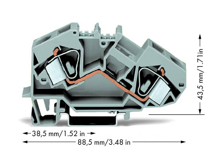 Pince gris-orange avec dimensions : largeur 38,5 mm, profondeur 88,5 mm, hauteur 43,5 mm. Deux points de contact métalliques visibles.