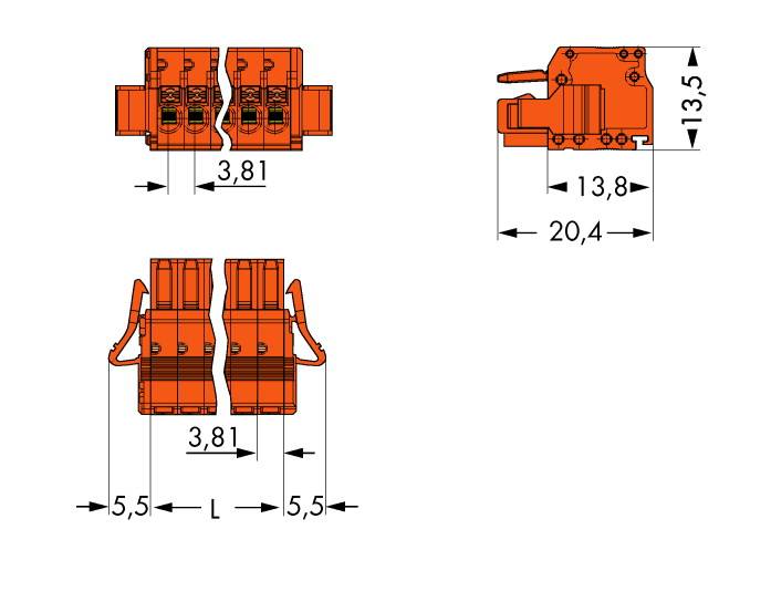 Dessin technique d'un connecteur orange représenté sous trois perspectives, avec les dimensions 13,5 mm, 20,4 mm, 3,81 mm, 5,5 mm.