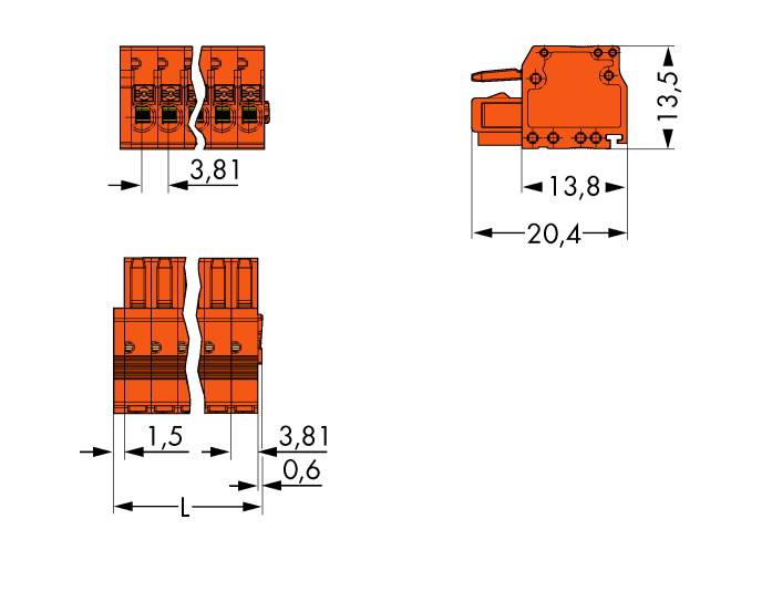'Dessin technique d'un connecteur orange avec différentes vues et dimensions : 3,81, 13,8, 20,4 mm.'