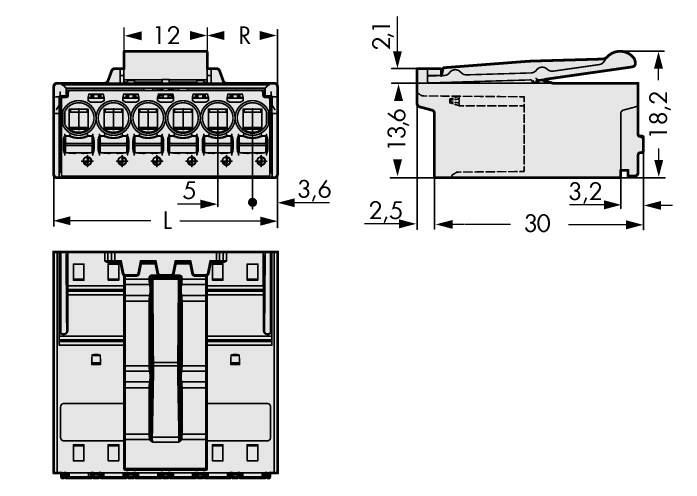 Dessin technique d'un connecteur électrique avec indication des dimensions. Les vues frontale et latérale montrent la hauteur, la largeur et la profondeur.