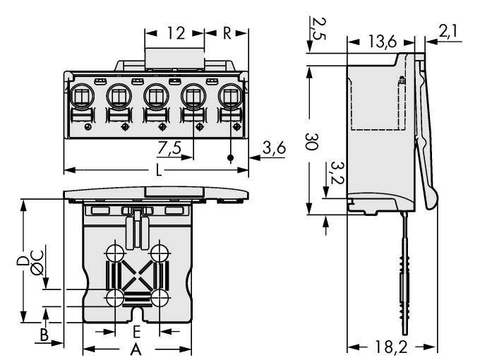 Dessin technique d'un connecteur électrique avec des dimensions précises en millimètres. Présente une vue de face et une vue latérale.