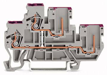 Bornier industriel avec boîtier gris et connexions orange, adapté pour le câblage électrique et les connexions dans les tableaux de distribution.