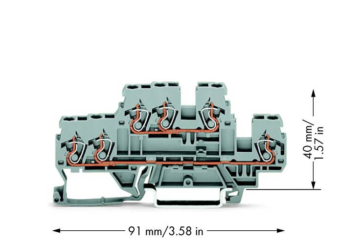 Un adaptateur de bornes en série gris à plusieurs niveaux, mesurant 91 mm x 40 mm, adapté aux connexions électriques dans les armoires électriques.