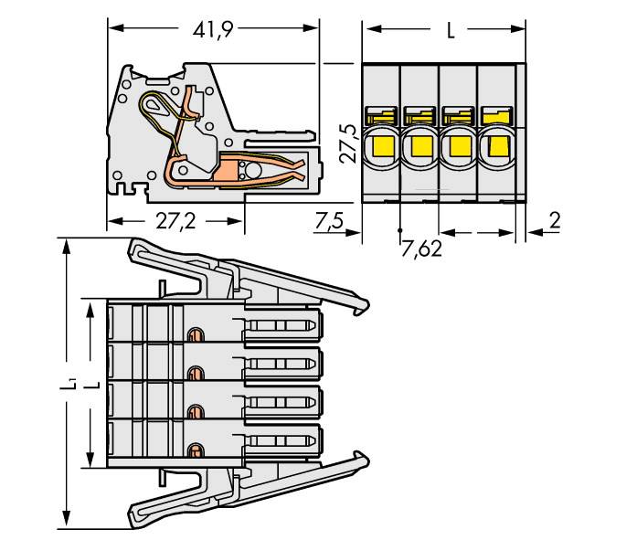 Dessin technique d'un connecteur électrique avec dimensions : longueur 41,9 mm, hauteur 27,5 mm. Plusieurs connexions sont visibles.