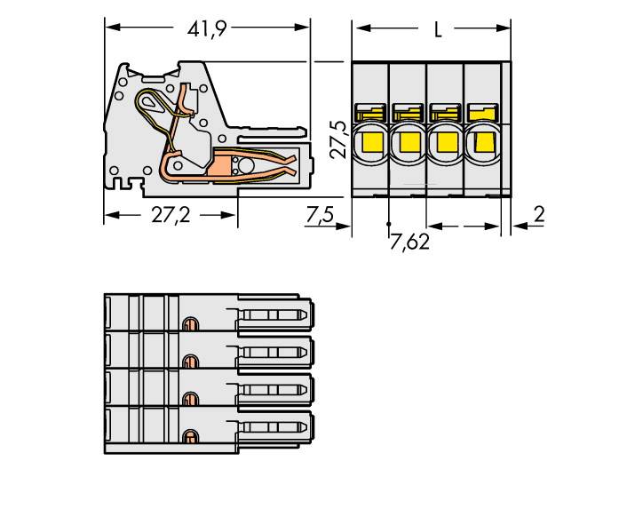 Dessin technique d'un connecteur multipolaire avec dimensions : longueur 41,9 mm, hauteur 27,2 mm, pas de 7,62 mm. Présente une vue de dessus et une coupe.