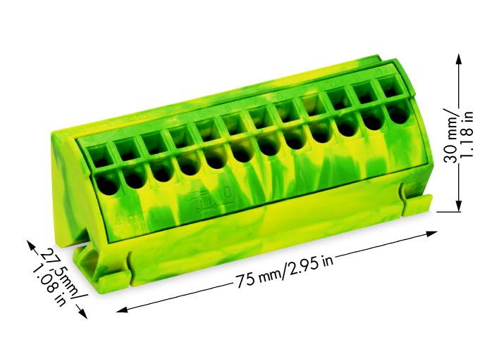 Barrette de connexion électrique verte à 12 bornes. Dimensions : 75 mm de longueur, 30 mm de hauteur, 27,5 mm de largeur.