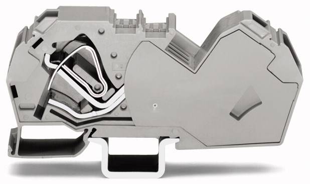 Un bloc de bornes électrique gris avec des connexions métalliques visibles. Il sert à fixer et à connecter des câbles dans les installations électriques.
