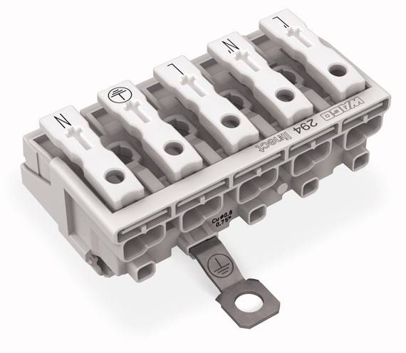 Barrette de bornes électrique à cinq connexions, marquée avec 'N', le symbole de mise à la terre et trois phases 'L'.