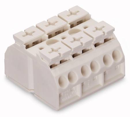 Un connecteur de câble blanc à quatre pôles avec bornes à vis. Adapté pour connecter des fils électriques dans des applications électrotechniques.