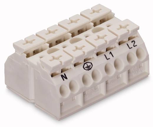 Un bornier blanc à huit points de connexion, étiqueté 'N', avec un symbole de mise à la terre ainsi que 'L1' et 'L2' pour les connexions électriques.