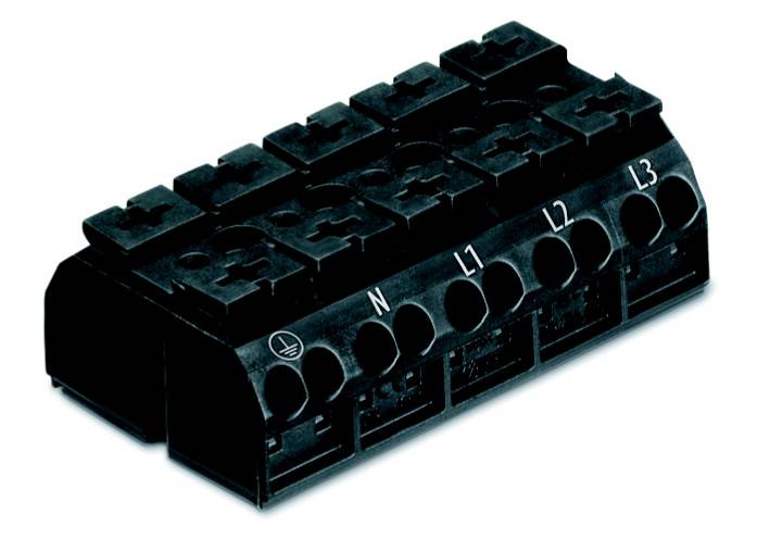 Connecteur multipolaire noir, étiqueté 'N', 'L1', 'L2', 'L3', pour connexions électriques, sur fond blanc.