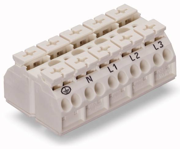 Une barrette de connexion blanche portant les étiquettes 'N', 'L1', 'L2', 'L3' sur l'avant, adaptée aux connexions électriques.
