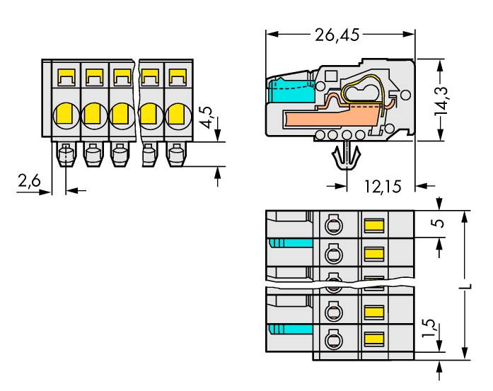 'Illustration d'un connecteur électrique avec dimensions : largeur 26,45 mm, hauteur 14,3 mm. Vue de face et de côté présentées.'